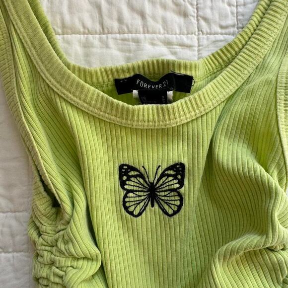 Forever 21 sz small Y2k butterfly embroidered crop top lime ruched ties fairy - Picture 3 of 7